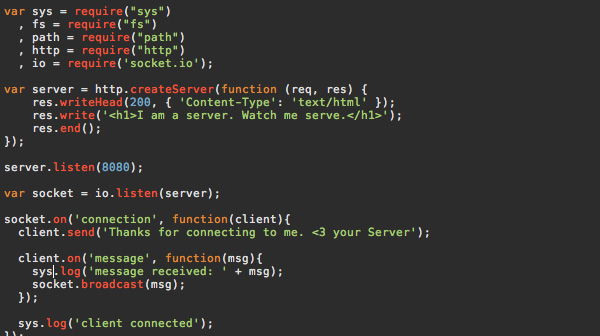 Code displaying a simple node.js and socket.io implementation